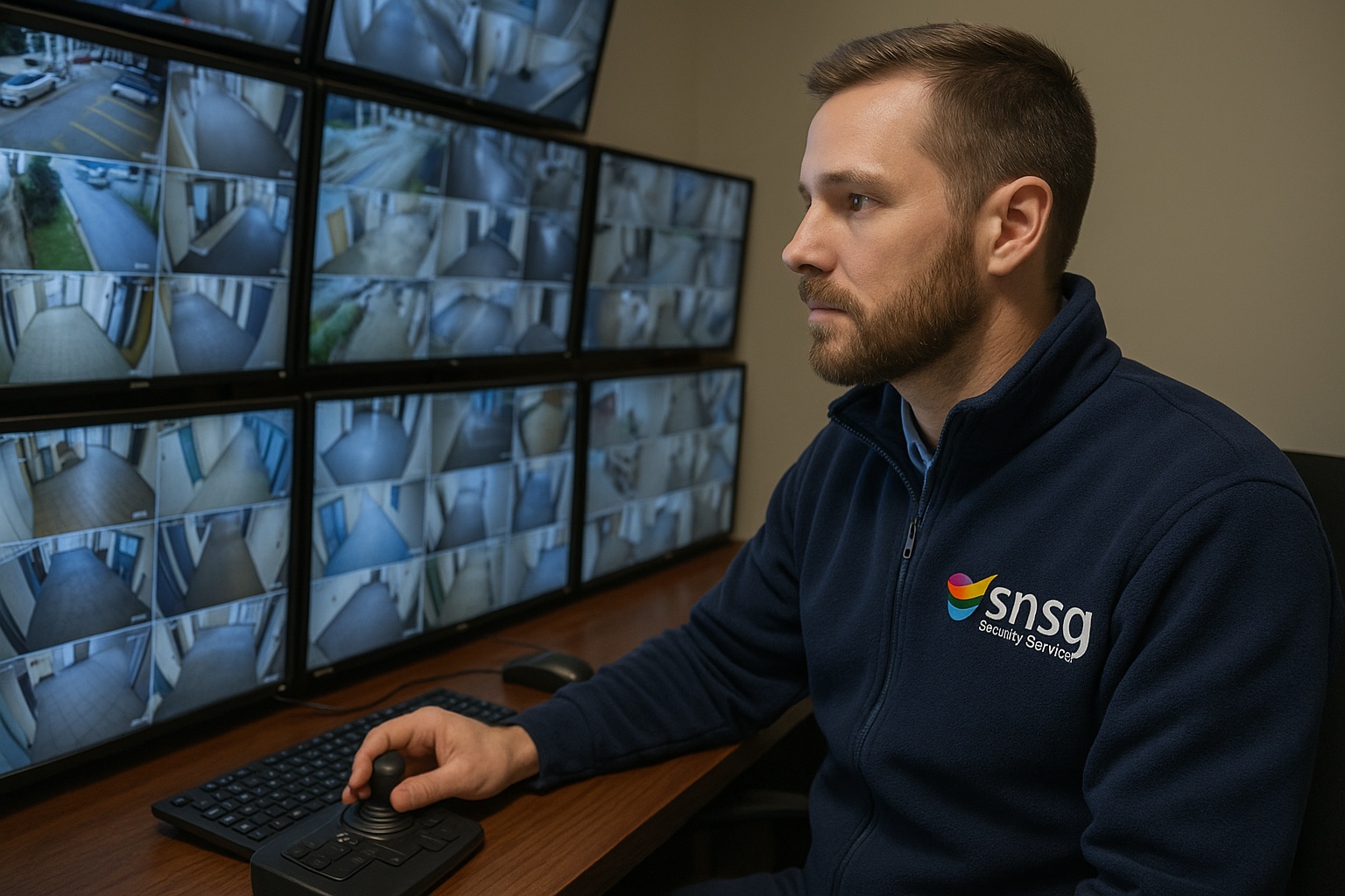 One of our SIA trained CCTV professionals monitoring surveillance screens.