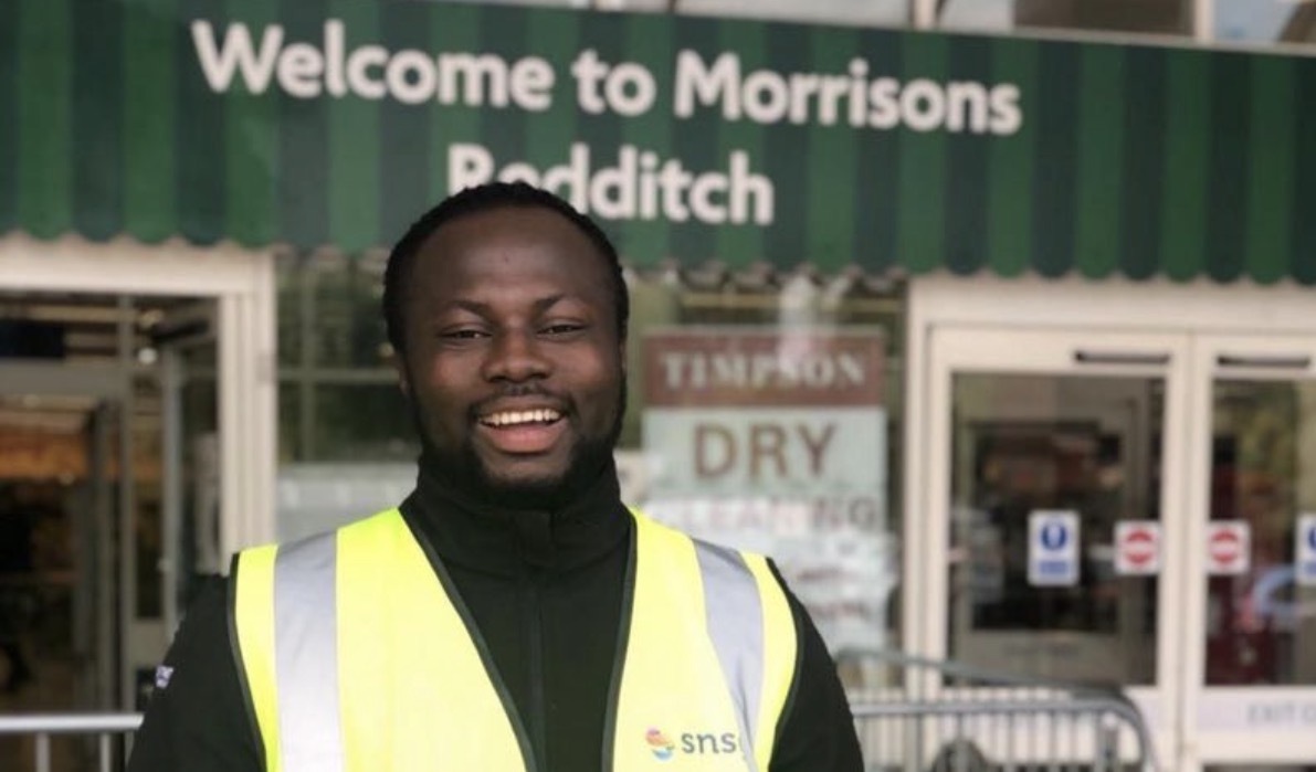 One of our SNSG security guards on duty outside a Morrisons in Redditch, UK.