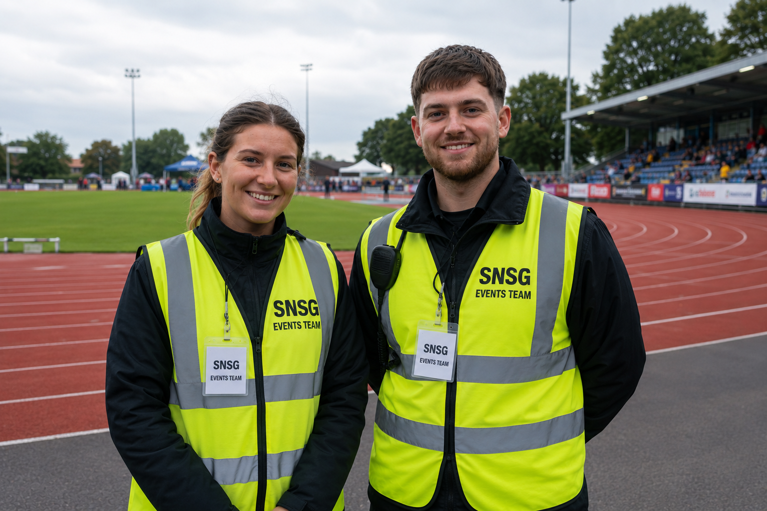 two members of the snsg security company in birmingham team at a sports event venue
